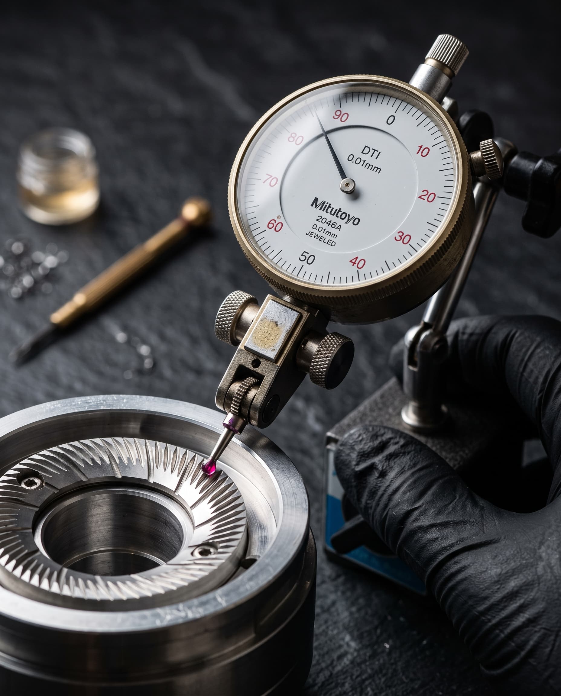 Dial indicator measuring runout on a flat burr carrier