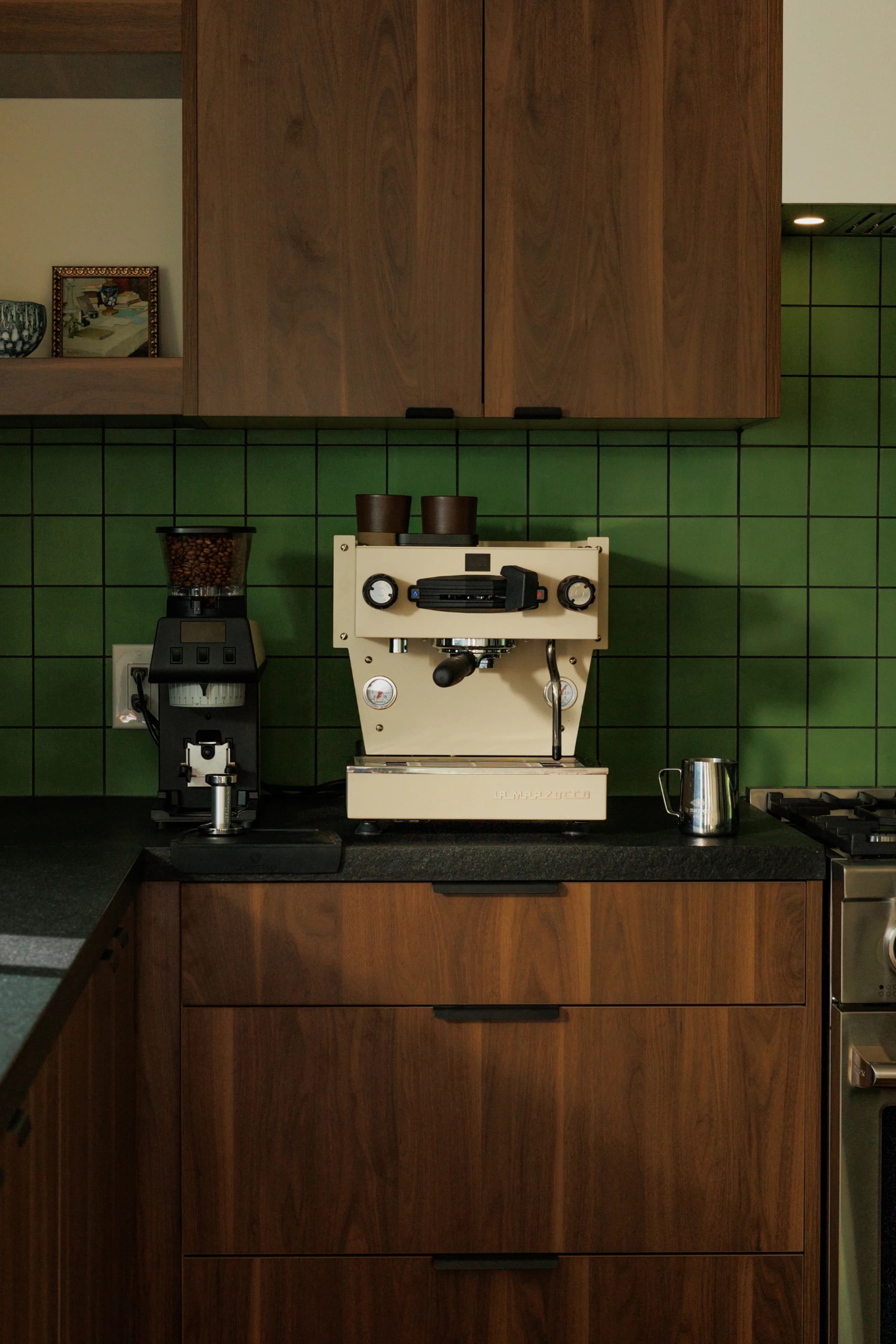 La Marzocco Linea Mini saturated group head in a luxury Carmel kitchen